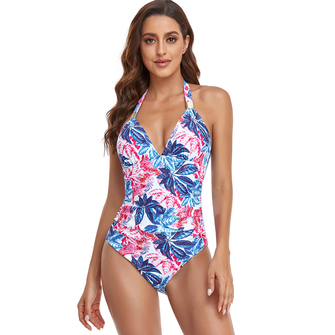 Damen einteiliger Badeanzug mit elegantem V-Ausschnitt und floralen Akzenten Drune