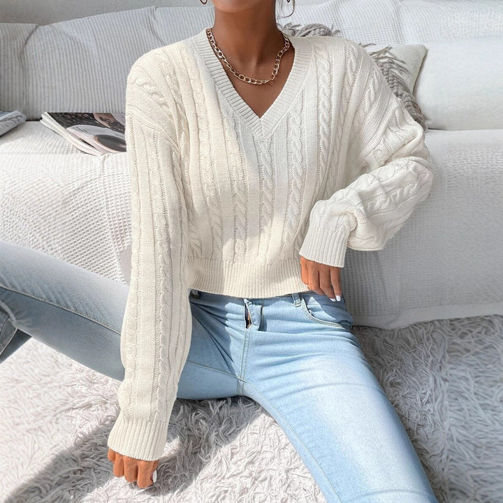 Damen Eleganter V-Ausschnitt Strickpullover mit strukturiertem Zopfmuster Drune