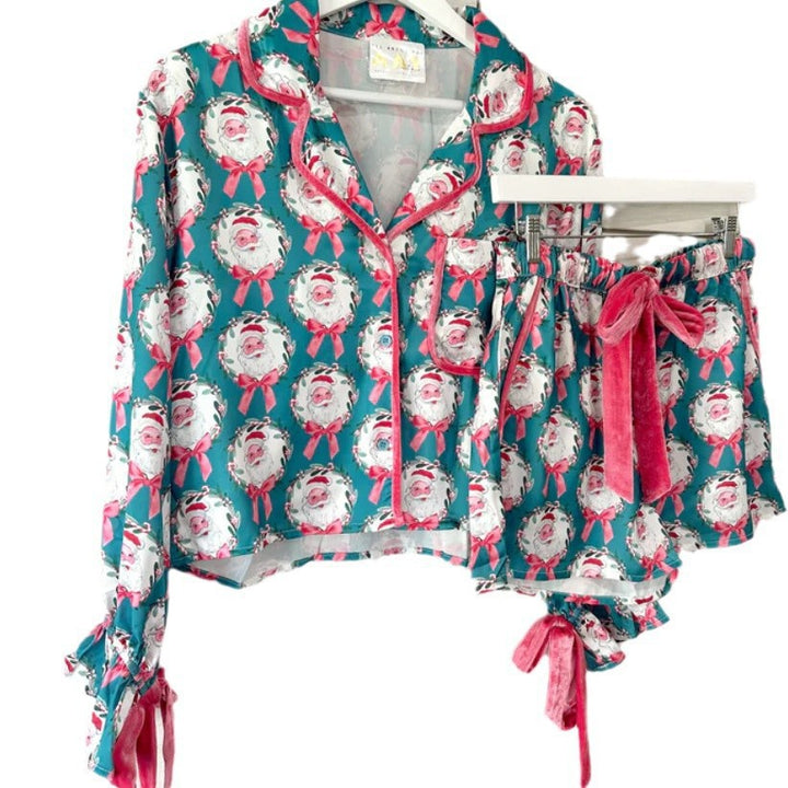 Damen nan verspieltes zweiteiliges Pyjama-Set mit Volantärmeln, Kordelzug und Brusttasche Drune