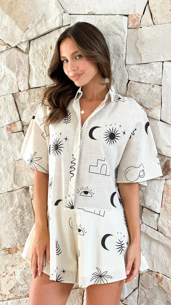 Damen lässiges Kurzarm-Set mit fruchtigem Muster und bequemer Passform Drune