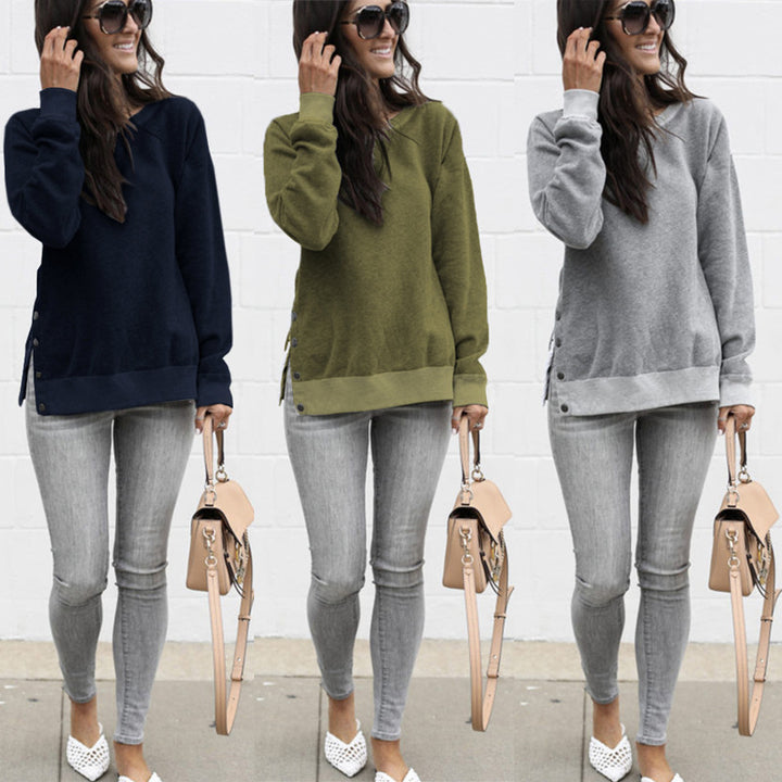 Damen Bequemer Sweatshirt mit Knopfdetails und seitlichen Schlitzen Drune