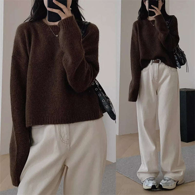 Damen lässiger Strickpullover mit weiter Passform und überschnittenen Schultern Drune