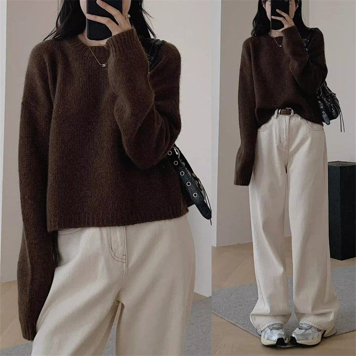 Damen lässiger Strickpullover mit weiter Passform und überschnittenen Schultern Drune