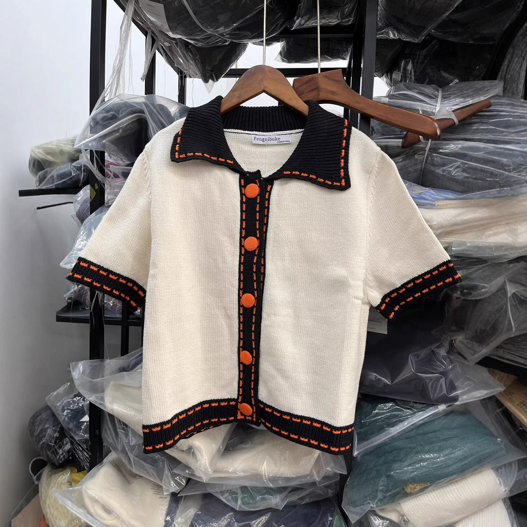 Damen Kurzarmpullover mit kontrastierenden Details Drune