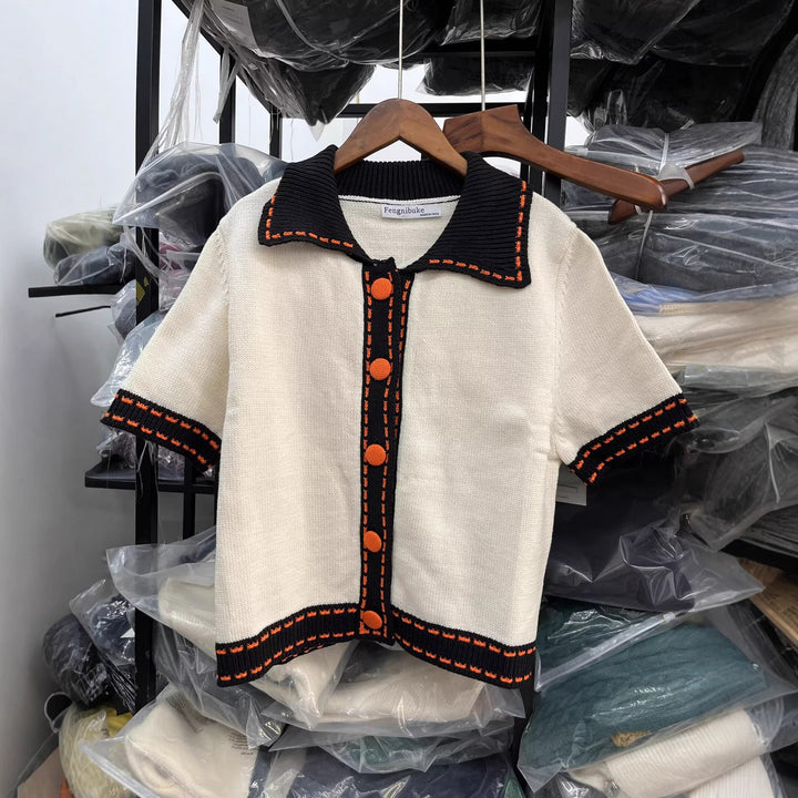 Damen Kurzarmpullover mit kontrastierenden Details Drune