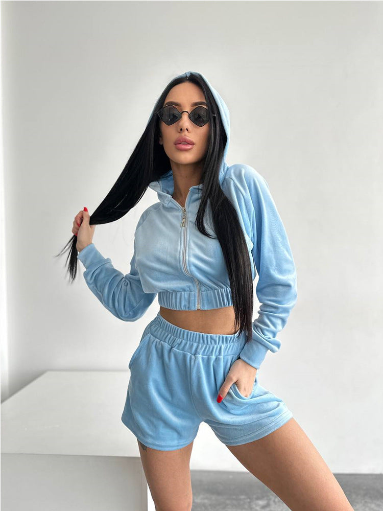 Damen sportliches Fleece-Set mit elastischem Bund und kurzem Oberteil Drune