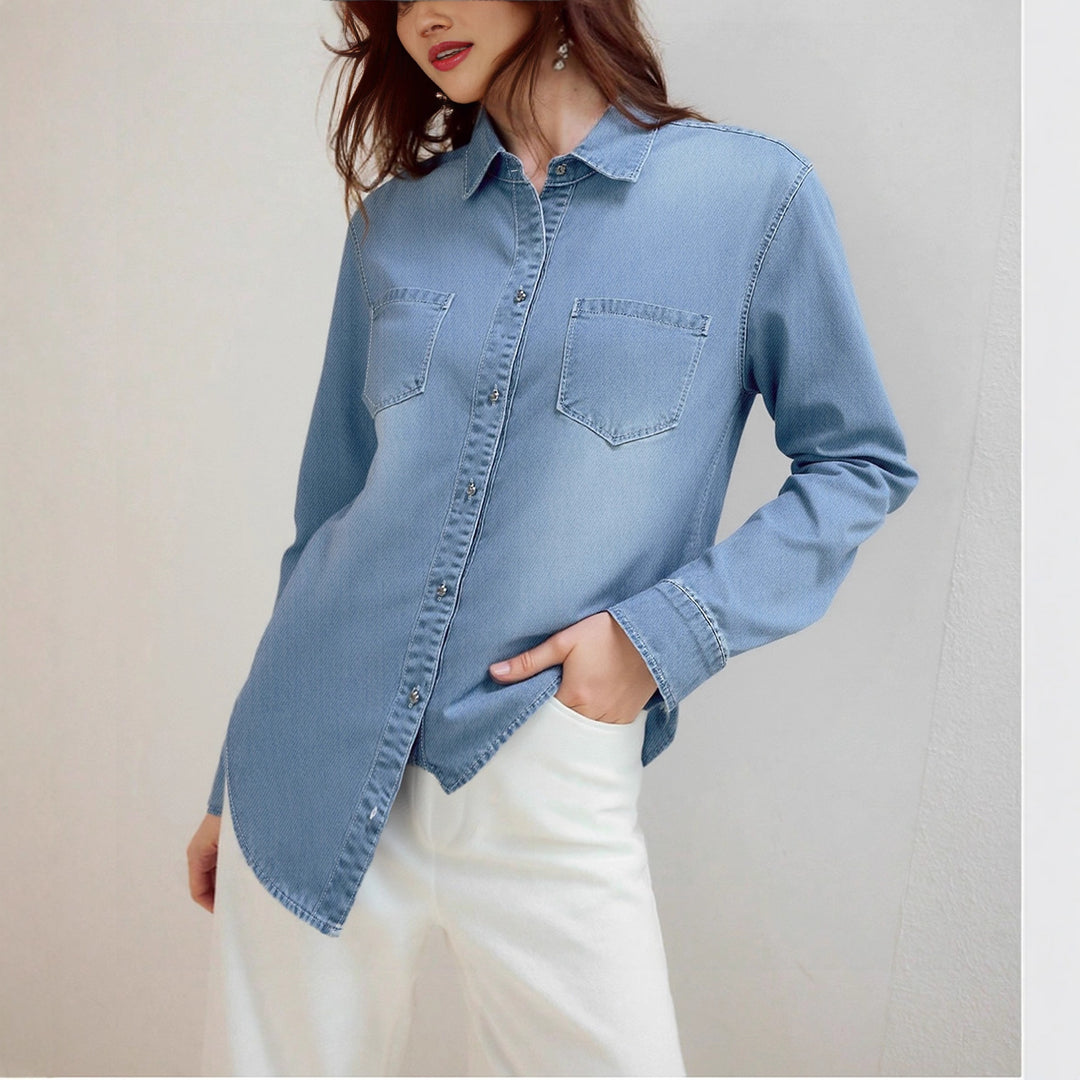 Damen Denim Hemd mit modernen Brusttaschen und elegante Knopfleiste Drune