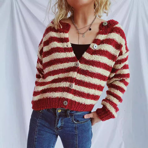 Damen lässige Strickjacke mit modernem Streifenlook Drune