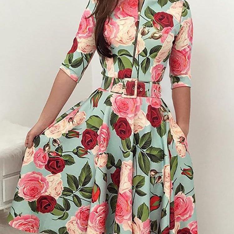 Damen Midikleid mit floralem Druck und Taillengürtel Drune
