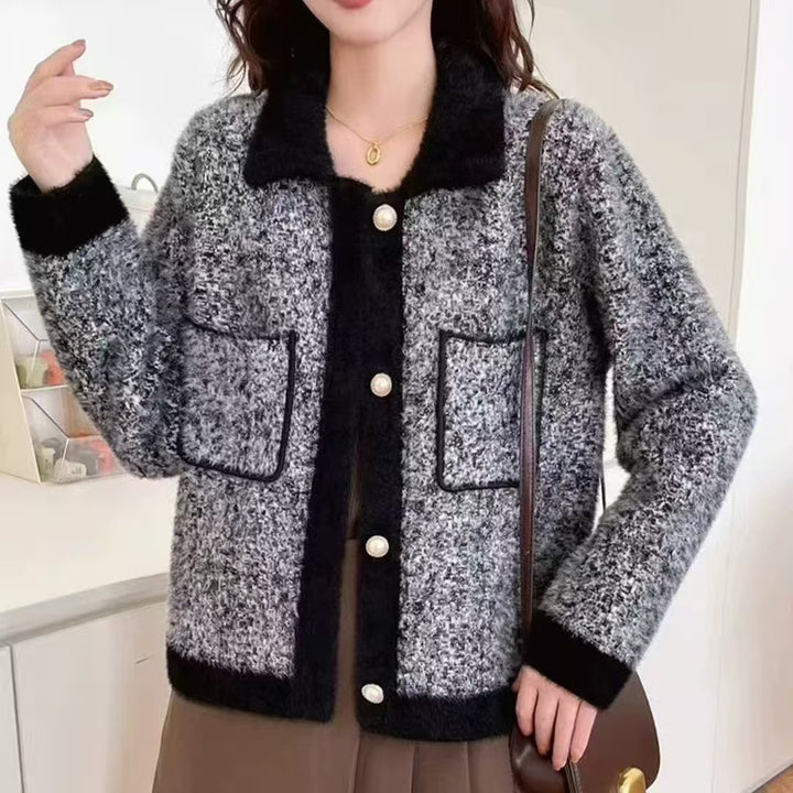 Damen Flauschige Strickjacke mit kontrastierenden Taschen und Kragen Drune