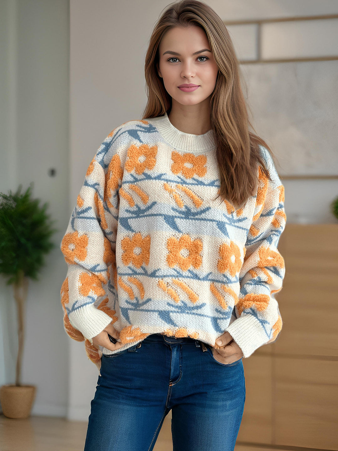 Damen Strickpullover mit floralem Muster und lässigem Schnitt Drune