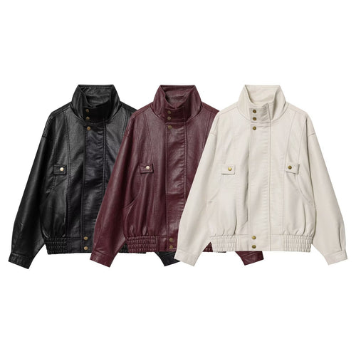 Damen modische Kunstlederjacke mit hohen Kragen und praktischen Knopfdetails Drune