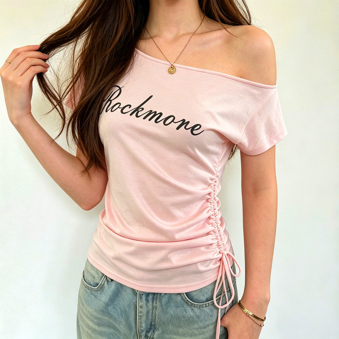 Damen Off-Shoulder T-Shirt mit Raffungen und modischem Schriftzug Drune