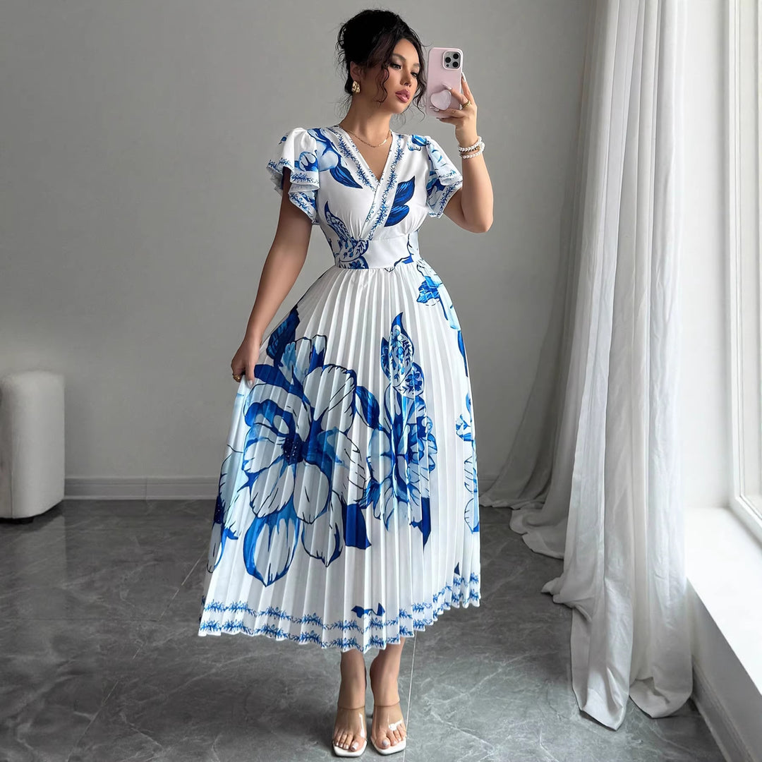Damen Plissiertes Maxi-Jersey-Kleid mit floralen Akzenten und V-Ausschnitt Drune