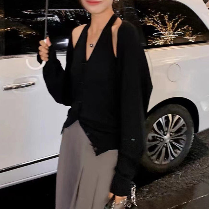 Damen Grobstrickjacke mit abnehmbaren Ärmeln und Knopfdetails Drune