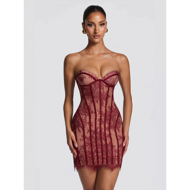 Damen Sexy Spitzenkleid mit gerafftem Schnitt und herzförmigem Ausschnitt Drune