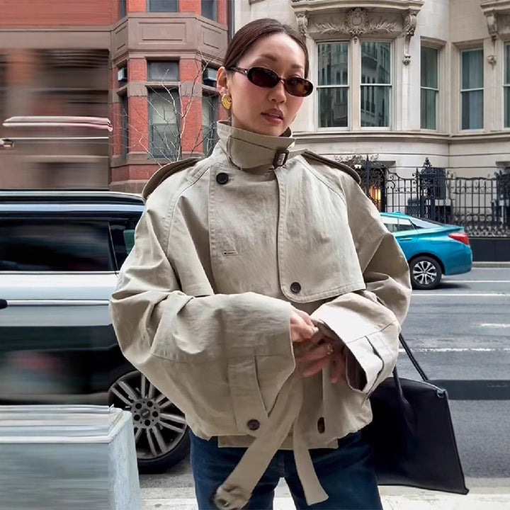 Damen Modische Kurzjacke mit hohem Kragen und Taillengürtel Drune