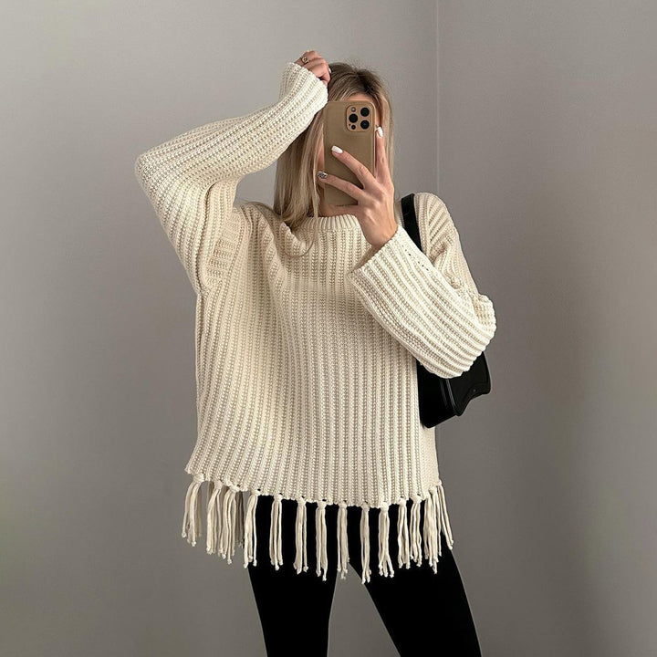 Damen Grobstrickpullover mit Fransen und weiten Ärmeln Drune