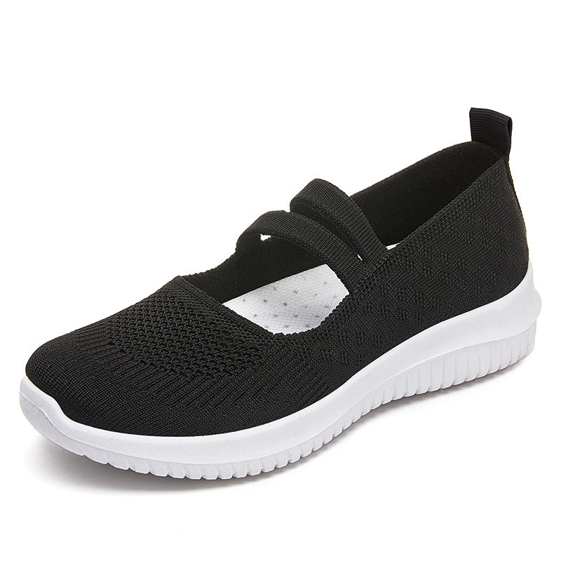 Damen nan gestrickter Slip-On Mary-Jane-Sneaker mit elastischen Riemen, gepolstertem Komfortfußbett und flexibler EVA-Laufsohle Drune