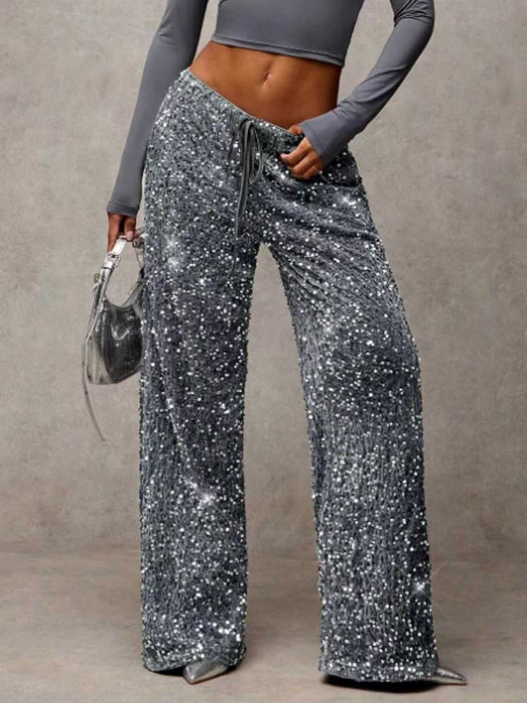 Damen extravagante Palazzohose mit Paillettenbesatz Drune