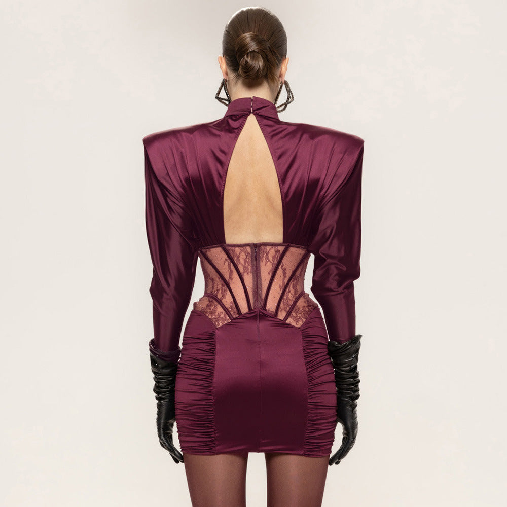 Damen Figurbetontes Cocktailkleid mit elegantem Spitzenbesatz und Raffungen Drune