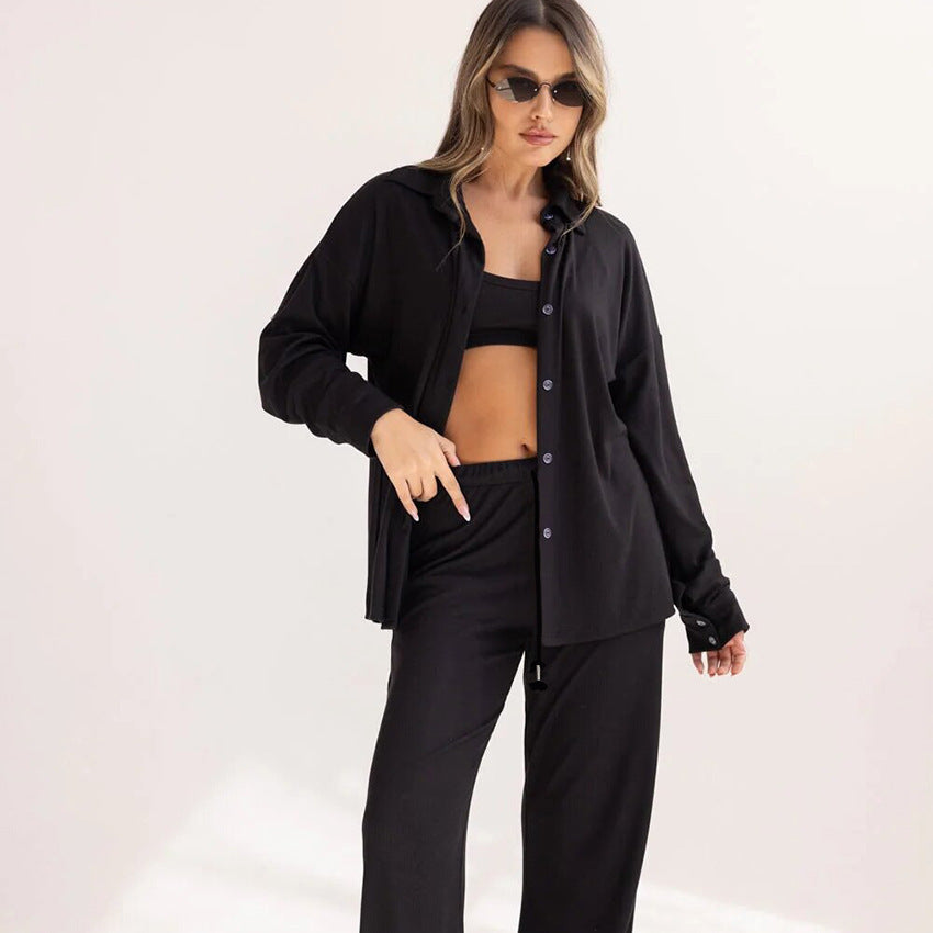 Damen lässiges Freizeit-Set mit langärmliger Jacke und weiten Hosen Drune