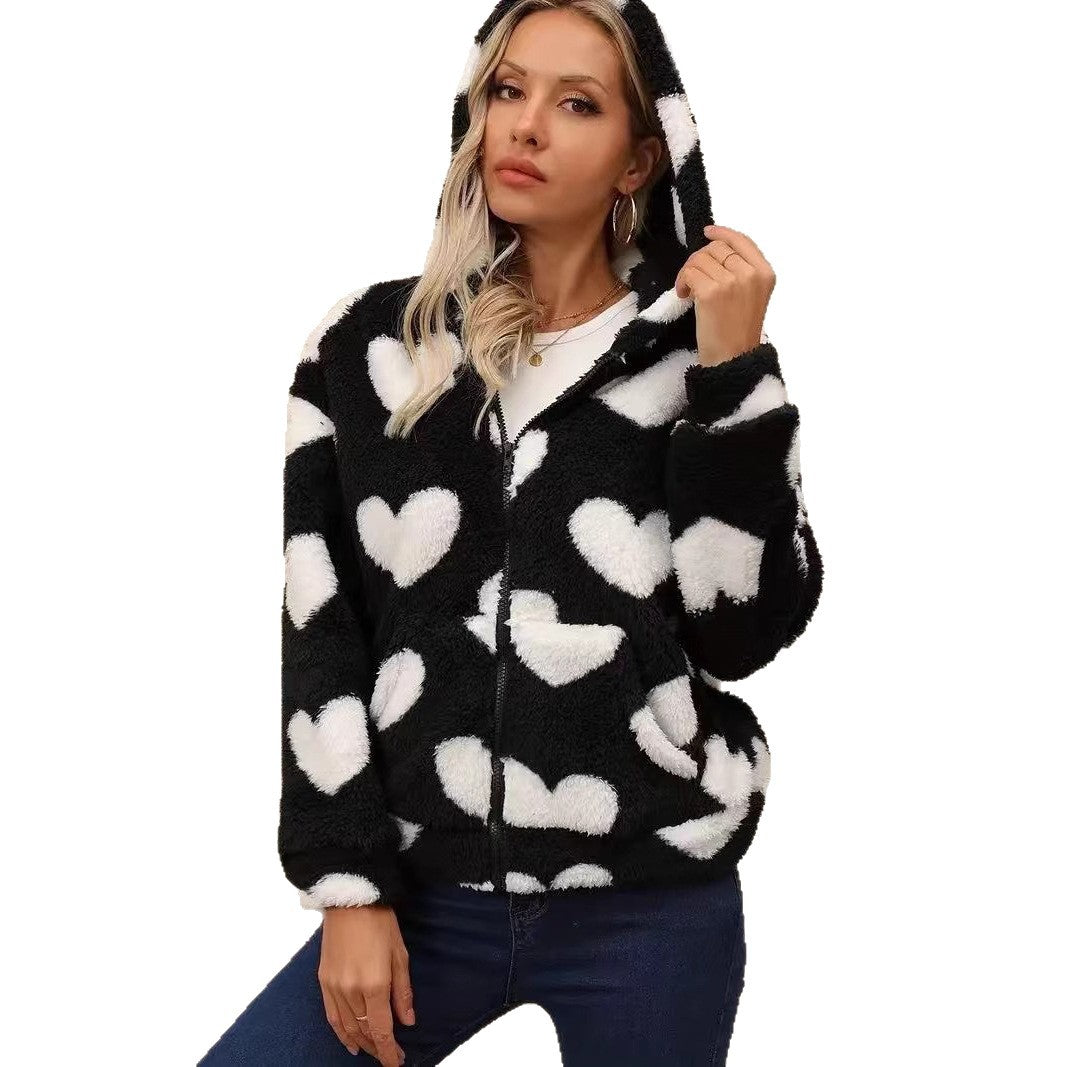 Damen Kuscheljacke mit Herzdessin und Kapuze Drune