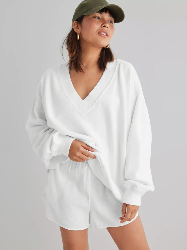 Damen lässiger V-Ausschnitt Sweatshirt mit angesagtem Oversized-Schnitt Drune