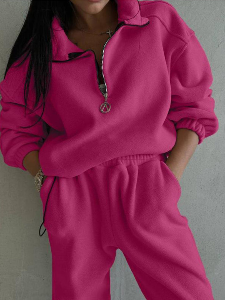 Damen Fleece-Loungewear-Set mit halbem Reißverschluss und elastischem Bund Drune