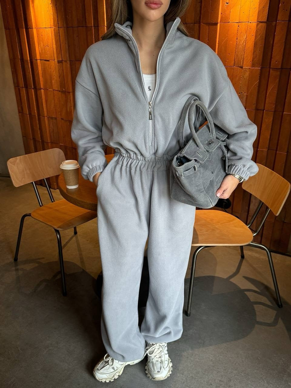 Damen Fleece-Loungewear-Set mit hohem Kragen und praktischen Taschen Drune