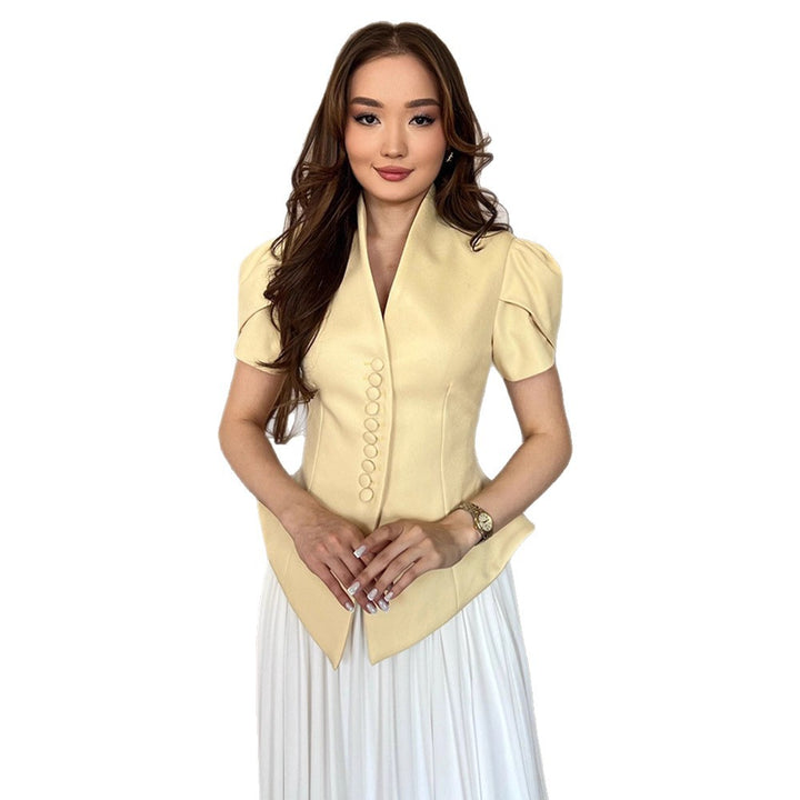 Damen elegante Designerbluse mit Puffärmeln und Knopfdetails Drune