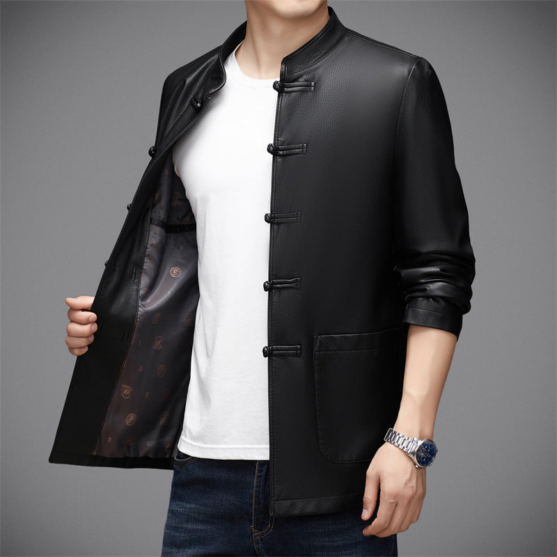 Herren Lederjacke mit asiatischem Stehkragen und praktischen Taschen Drune
