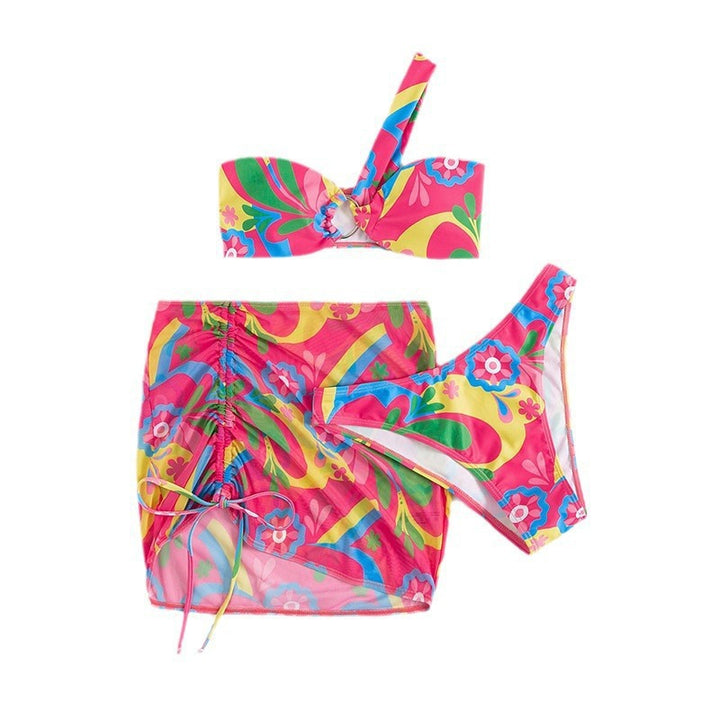 Damen Bunt bedrucktes Bikini-Set mit elegantem Wickelrock und verstellbaren Trägern Drune