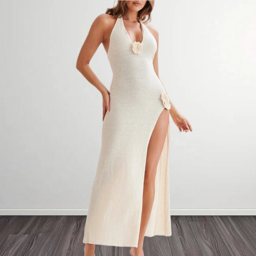 Damen Elegantes Maxikleid mit hohem Schlitz und dekorativen Blumenapplikationen Drune