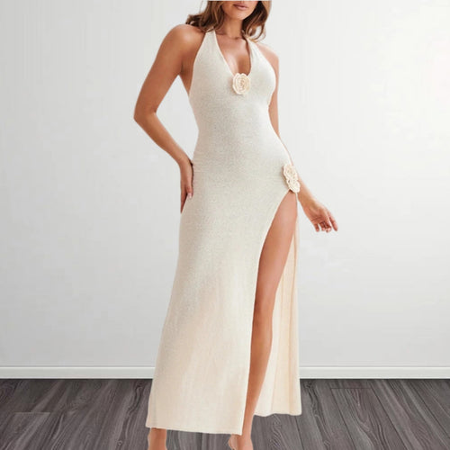 Damen Elegantes Maxikleid mit hohem Schlitz und dekorativen Blumenapplikationen Drune