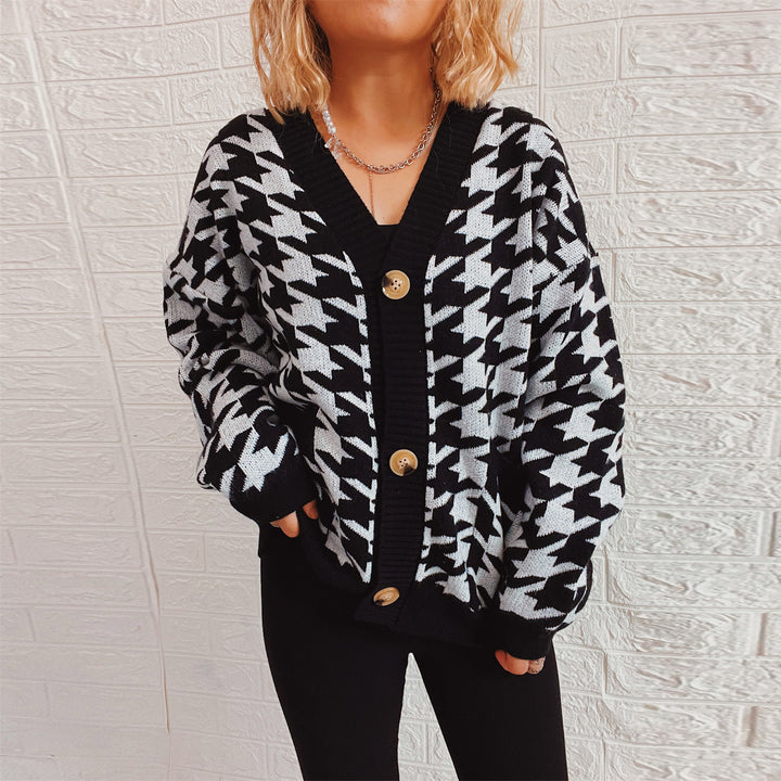 Damen lässige Strickjacke mit modernem Hundezahlenmuster Drune