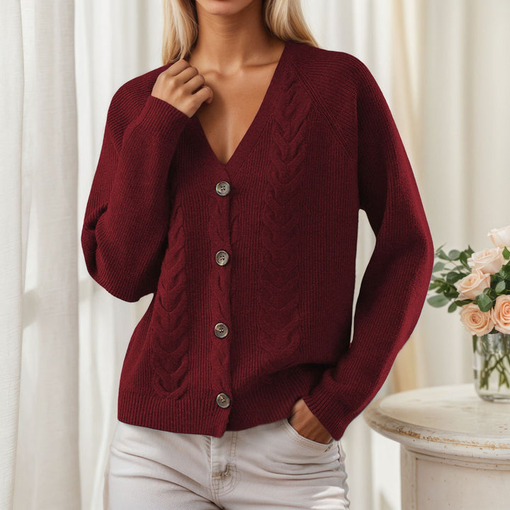 Damen Strickjacke mit V-Ausschnitt und trendy Zopfmuster Drune