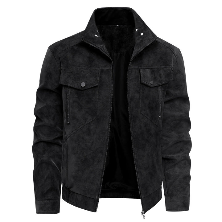 Herren  Faux-Suede Strukturierte Stehkragen-Zip-Jacke mit schrägen Brusttaschen Drune