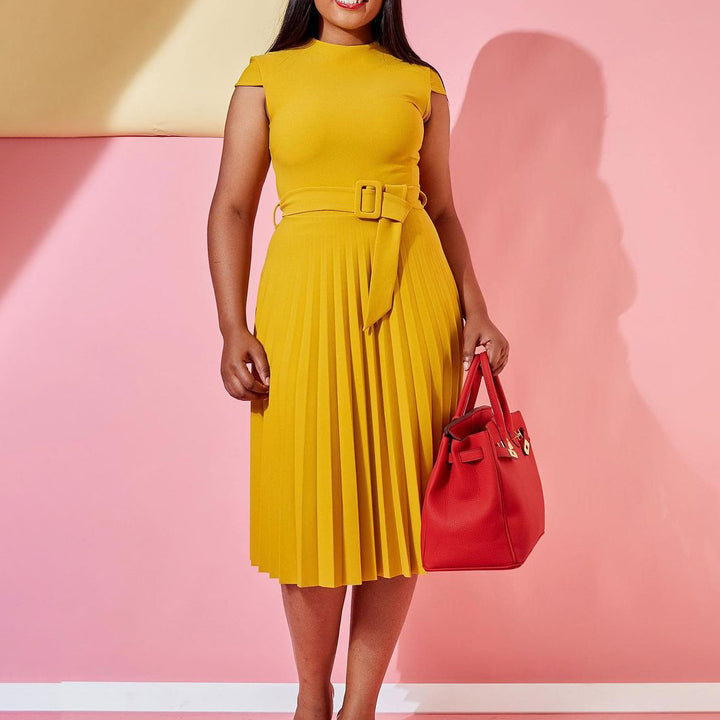 Damen Plissee Kleid mit elegantem Stehkragen und modischem Taillengürtel Drune