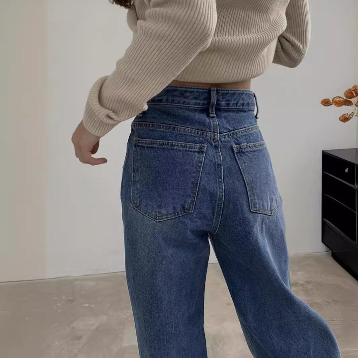 Damen nan hochgeschnittene weite Denim-Hose mit V-förmiger Bundnaht und extra-langem Bein Drune