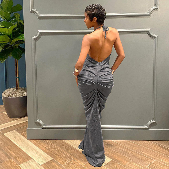 Damen Elegantes Maxikleid mit tiefem V-Ausschnitt und Raffung Drune