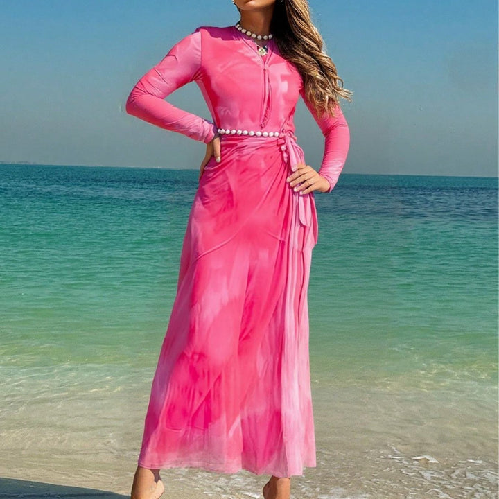 Damen Elegantes Strandkleid mit transparenten Ärmeln und drapiertem Design Drune