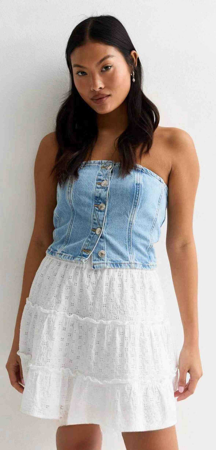 Damen Denim-Crop-Top mit romantischem Rüschenshirt Drune
