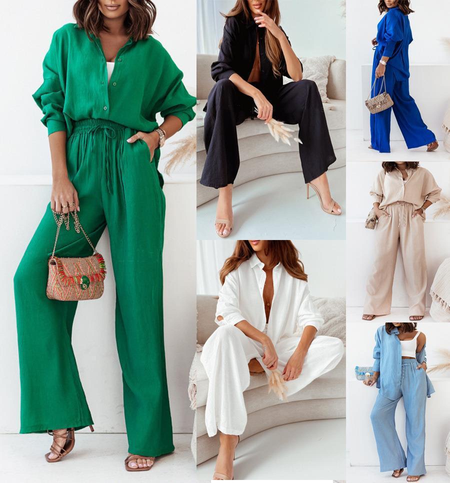 Damen luftiges Zweiteiliges Set aus Hemd und Hose mit Taillenknoten Drune