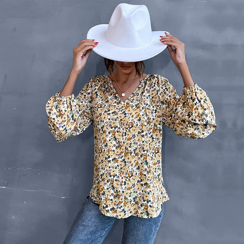 Damen Bluse mit floralen Mustern und gerafften Ärmeln Drune