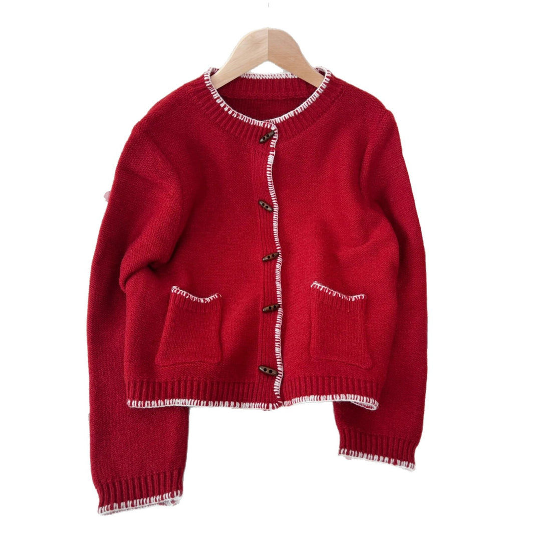 Damen klassische Strickjacke mit kontrastierenden Nähten und Taschen Drune