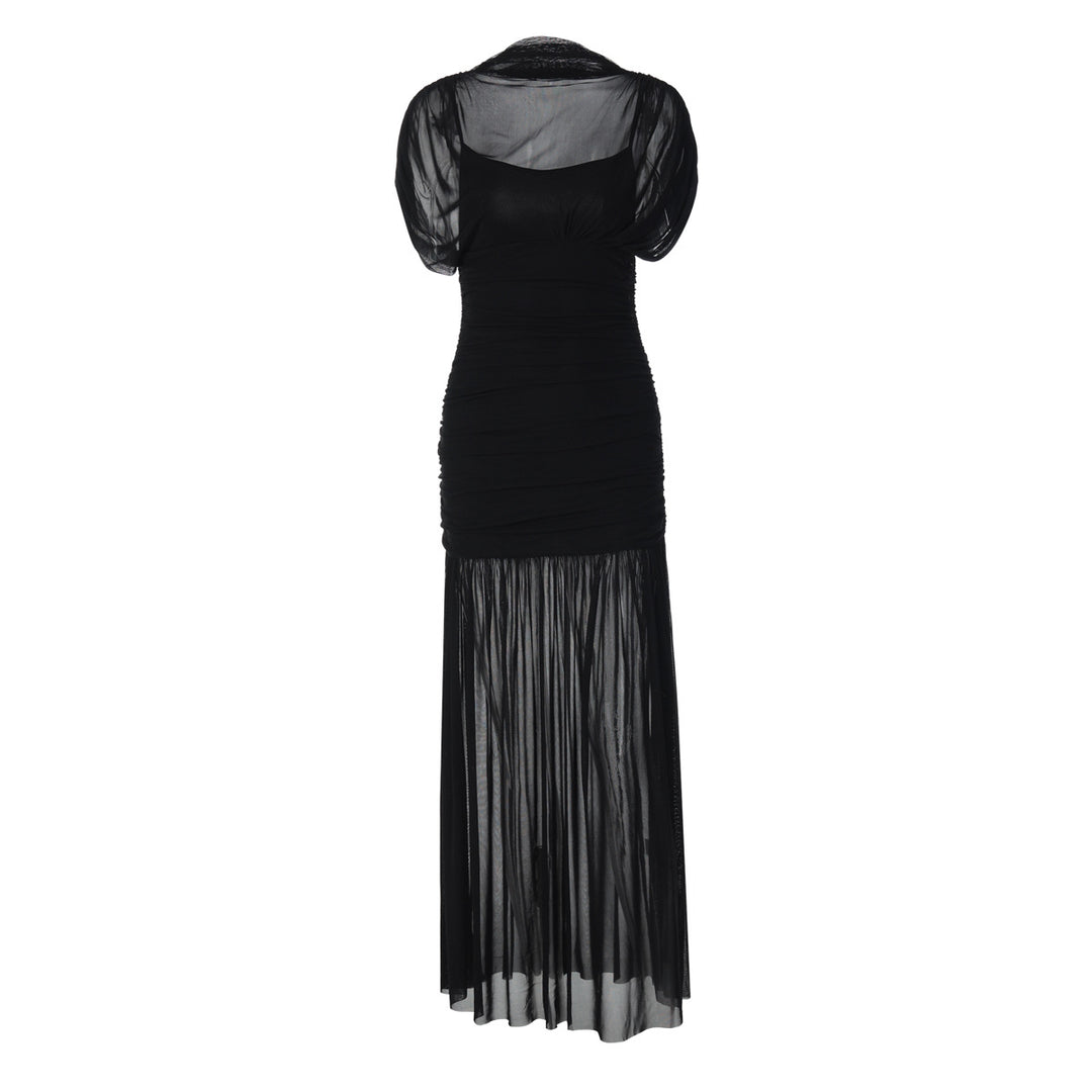 Damen Maxi-Kleid mit transparenten Puffärmeln und elegantem Raffungseffekt Drune