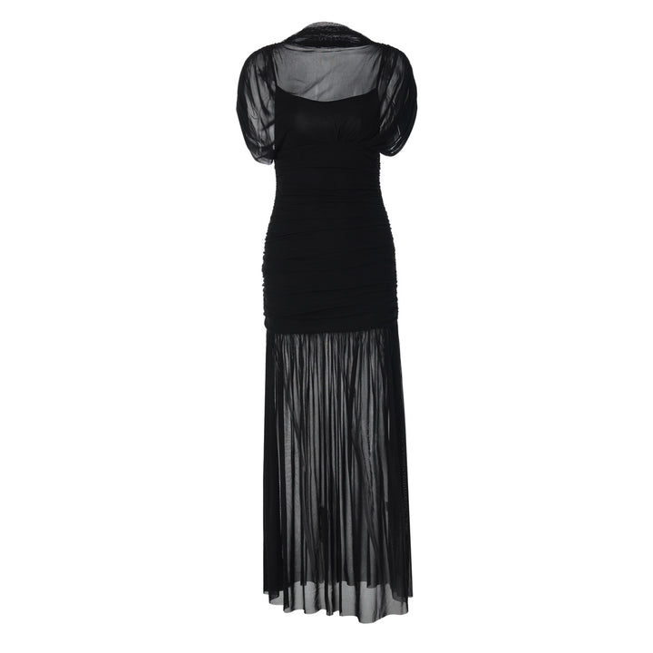 Damen Maxi-Kleid mit transparenten Puffärmeln und elegantem Raffungseffekt Drune
