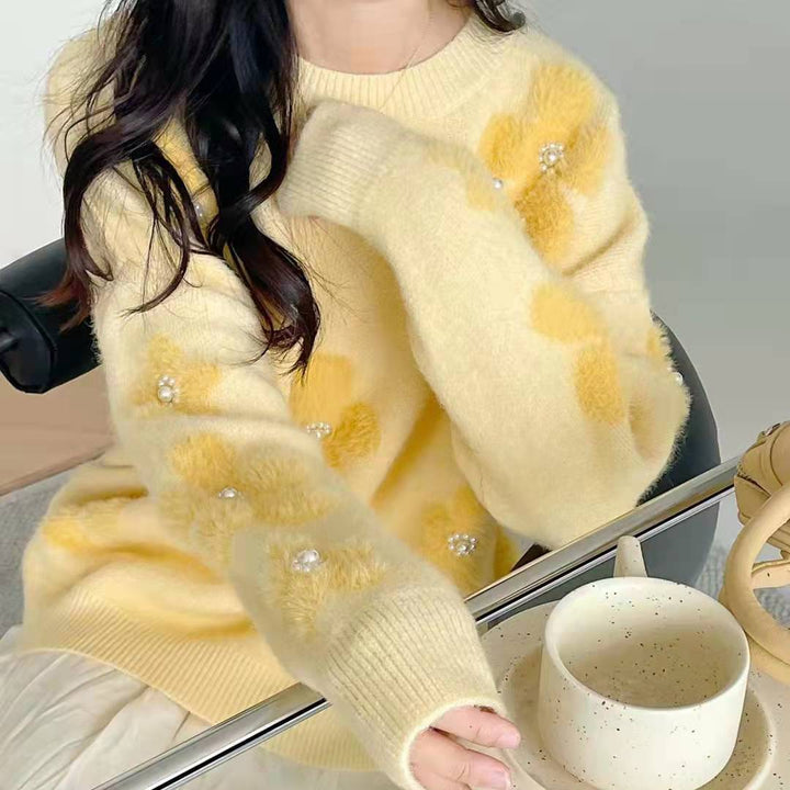 Damen kuscheliger Strickpullover mit Perlenakzenten Drune
