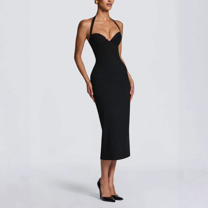 Damen Figurbetontes Midi-Kleid mit Herzausschnitt und verstellbaren Trägern Drune
